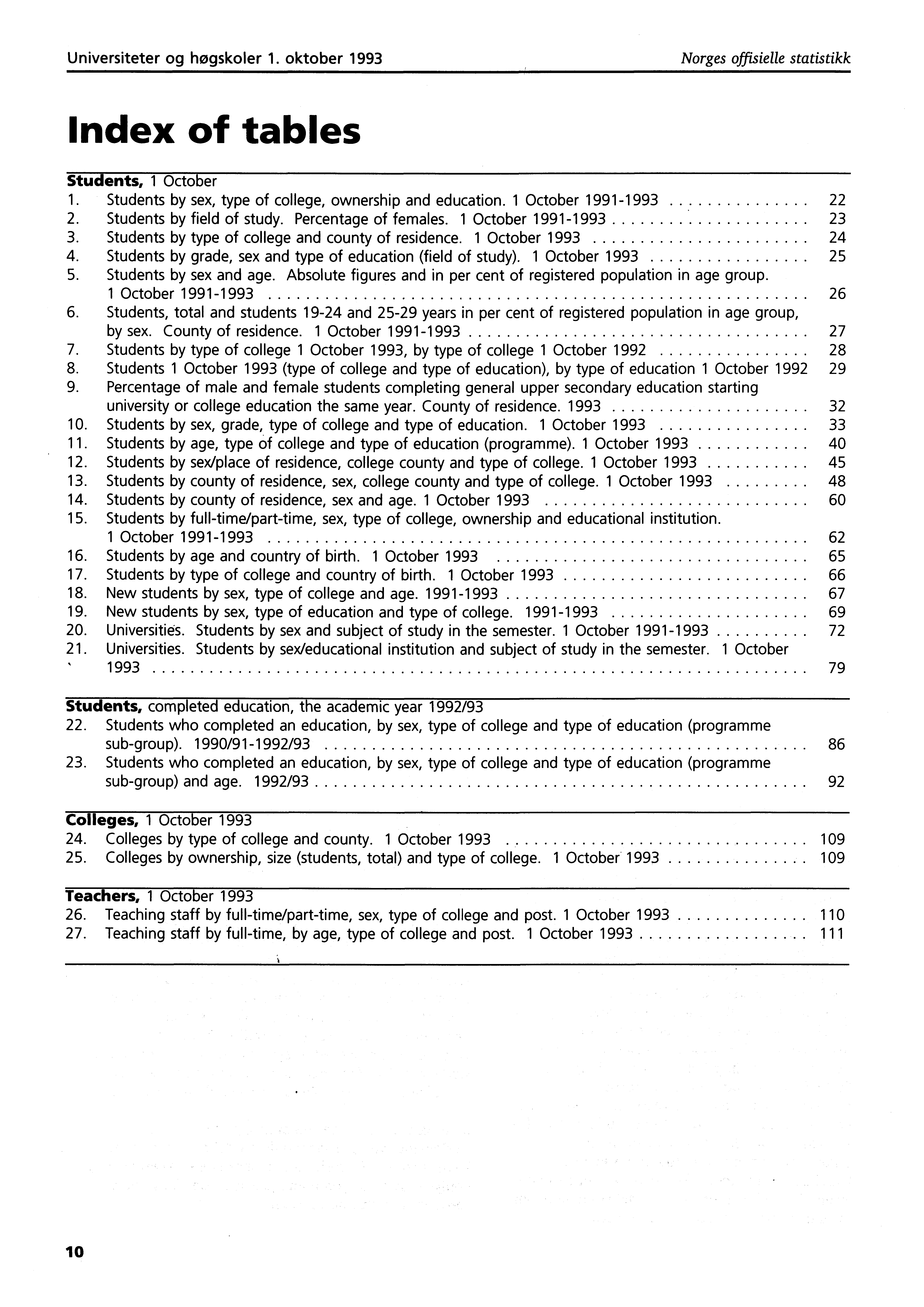 Universiteter og høgskoler. oktober 99 Norges offisielle statistikk Index of tables Students, October. Students by sex, type of college, ownership and education. October 99 99.