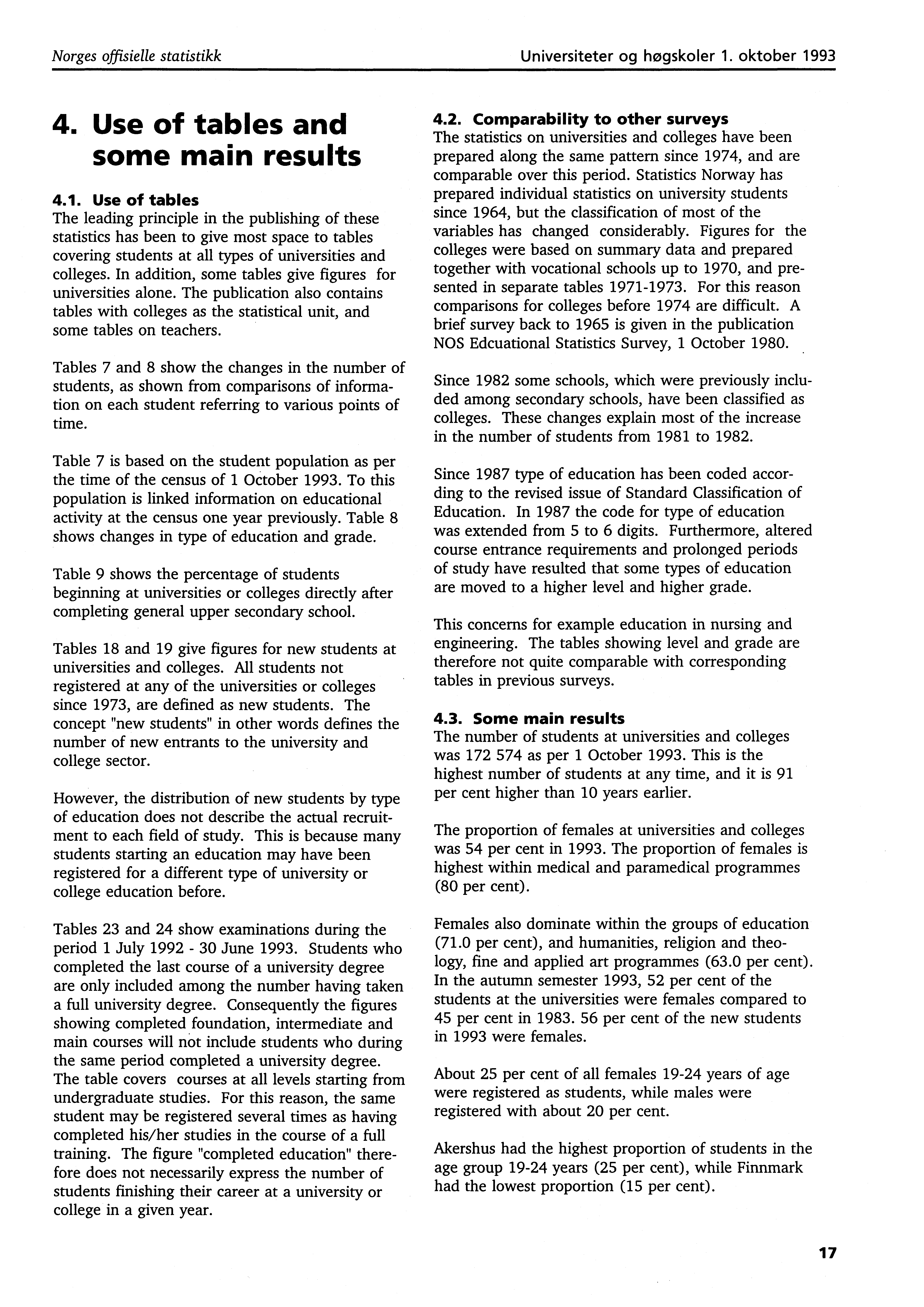 Norges offisielle statistikk Universiteter og høgskoler. oktober 99. Use of tables and some main results.