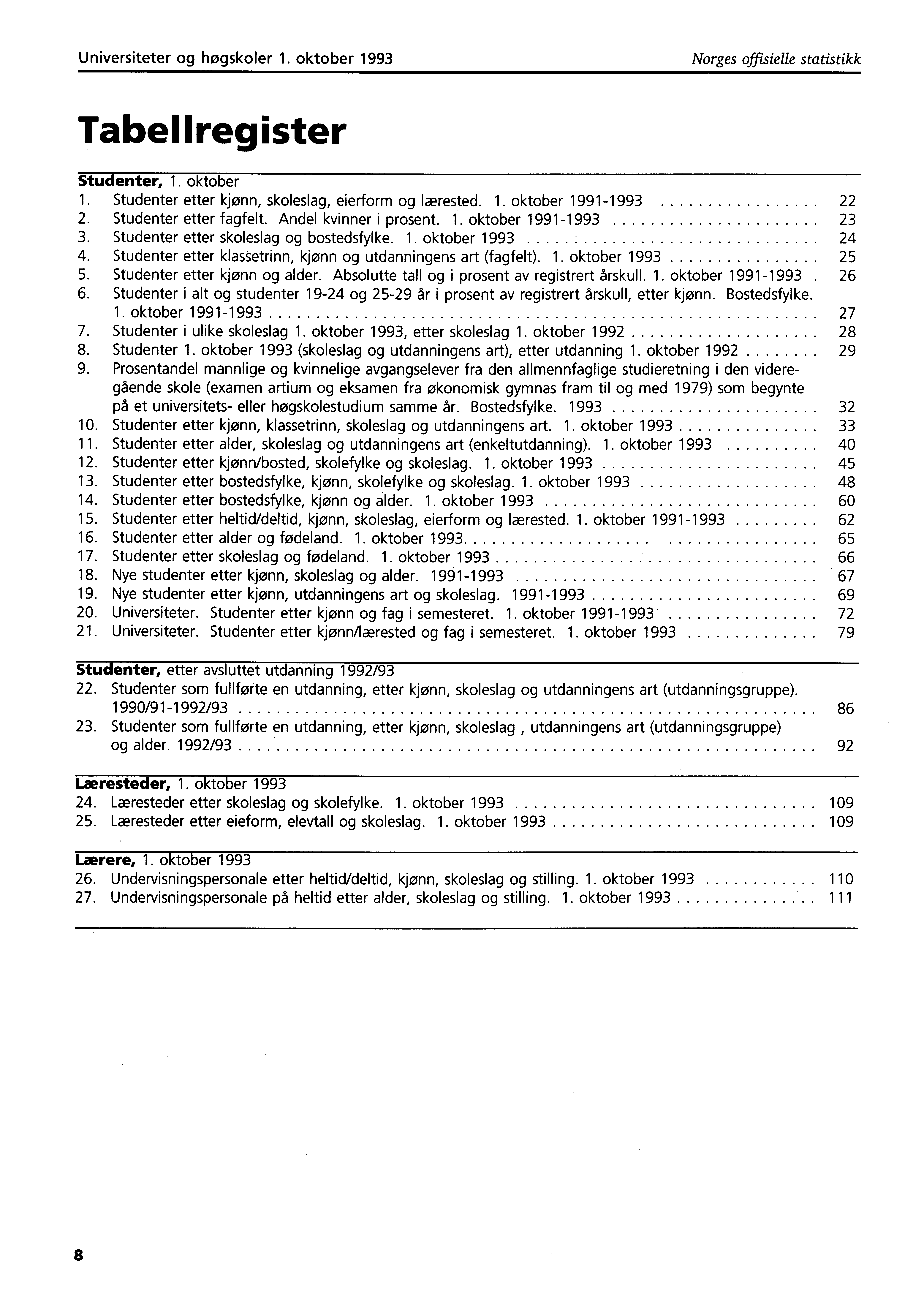 Universiteter og høgskoler. oktober 99 Norges offisielle statistikk Tabellregister Studenter,. oktober. Studenter etter kjønn, skoleslag, eierform og!wrested.. oktober 9999. Studenter etter fagfelt.