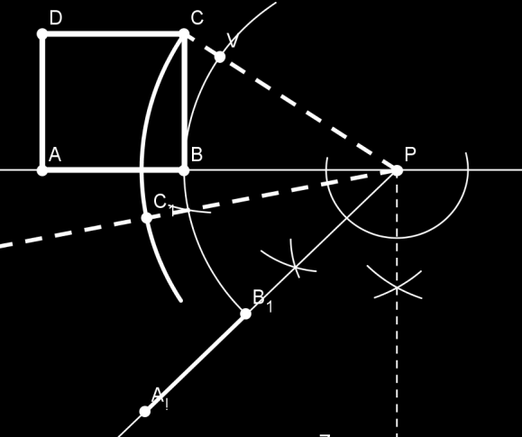 NIVÅ E Så må vi rotere punktene C og D. Vi starter med C: Vi kan da tekke en linje fra P til C og konstruere 45 o på denne linja og rotere C til C 1. Men vi har allerede konstruert en 45 o -vinkel.