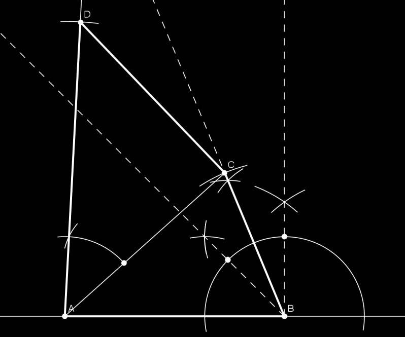 NIVÅ F Vi har satt av AB = 5,5 cm, konstruerte ABC 67, 5 ved å konstruere 90 o i B og først halvere den (hvor vi får 45 o ), og til slutt halvere mellomrommet mellom 45 o og 90 o, se D.