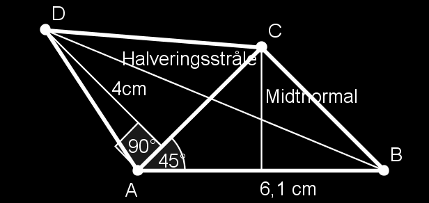 NIVÅ F Nå utvider vi denne trekanten med CAD. Legg merke til formuleringen «D ligger like langt fra AB som fra BC». Det innebærer at vi må halvere vinkel B.