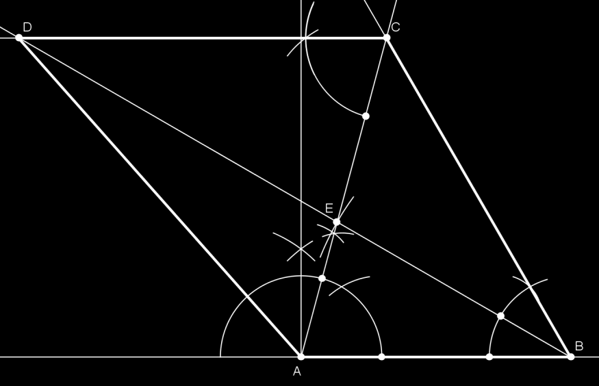 NIVÅ F Vi har satt av AB = 5 cm, konstruert 75 o i A (D.4 (Konstruksjon)) og slått en bue fra B med radius 5 cm. Der denne buen skar vinkelbeinet til 75 o -vinkelen ligger E.