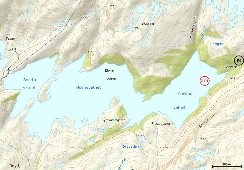 Figur 3-1. Kartet viser området Svartavatnet Holmavatnet - Frostadvatnet, og fram til Øystese hola, ved Søyegjelet. Rød ring, markert Z-P1 viser første innsamlingsstasjon for zoo- og planteplankton.