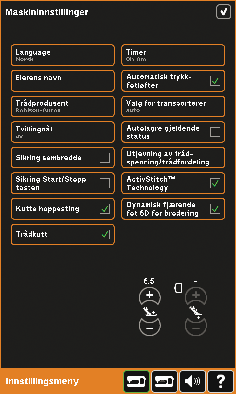 Dynamisk fjærende trykkfot 6D for brodering Dynamisk fjærende fot 6D for brodering er aktivert som standard når du slår på maskinen. Dynamisk fjærende fot 6D anbefales alltid til brodering.