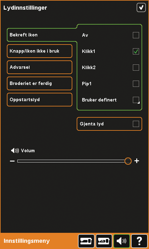 Lydinnstillinger (C) Du kan endre lydinnstillingene på maskinen alt etter hvilken situasjon lyden skal brukes til. Velg først fra listen hvilken lydhendelse du ønsker å endre.