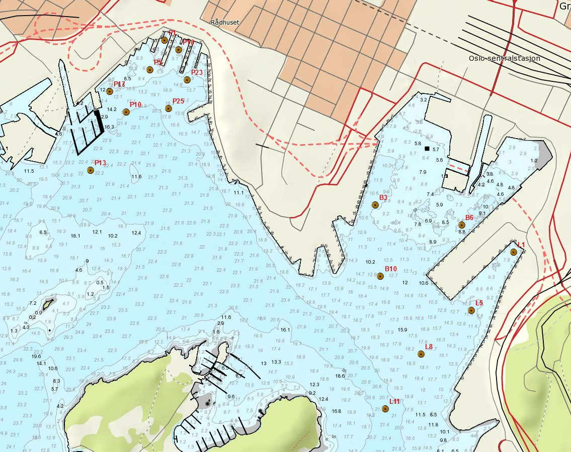 Figur 2-1. Kart over Oslo indre havn med stasjonspunkter for prøvetaking av bløtbunnsfauna i 2015. 2.3 Univariate indekser.