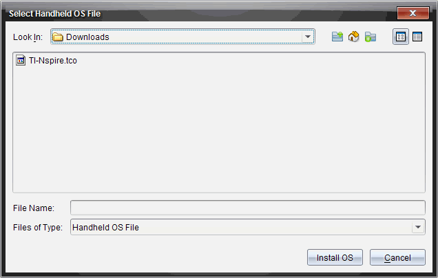 Filen som vises for valg er som standard den filtypen som trengs for den valgte grafregneren. 1. Velg OS-filen: Hvis du oppgaderer en TI-Nspire CX-grafregner, velg TI-Nspire.
