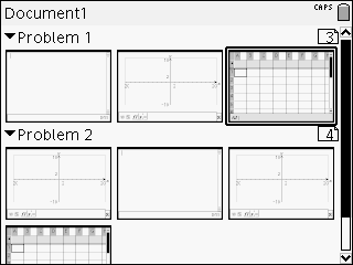 Vise flere sider med Sidesortering Selv om grafregneren vanligvis viser én dokumentside om gangen, viser Sidesortering alle oppgavene i dokumentet og alle sidene i hver oppgave i miniatyrformat.