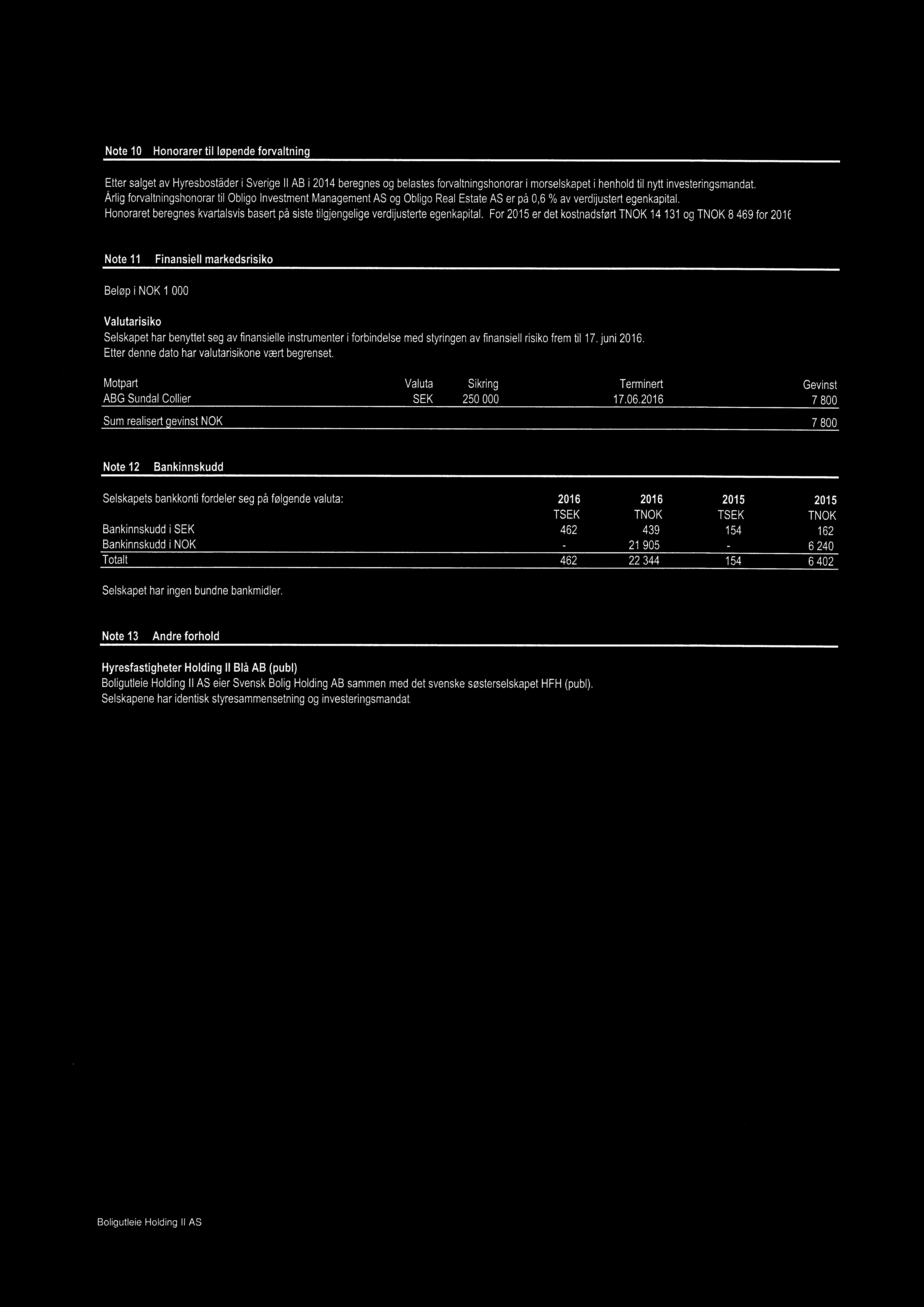 Note 10 Honorarer til løpende forvaltning Etter salget av Hyresboståder i Sverige li AB i 2014 beregnes og belastes forvaltningshonorar i morselskapet i henhold til nytt investeringsmandat.