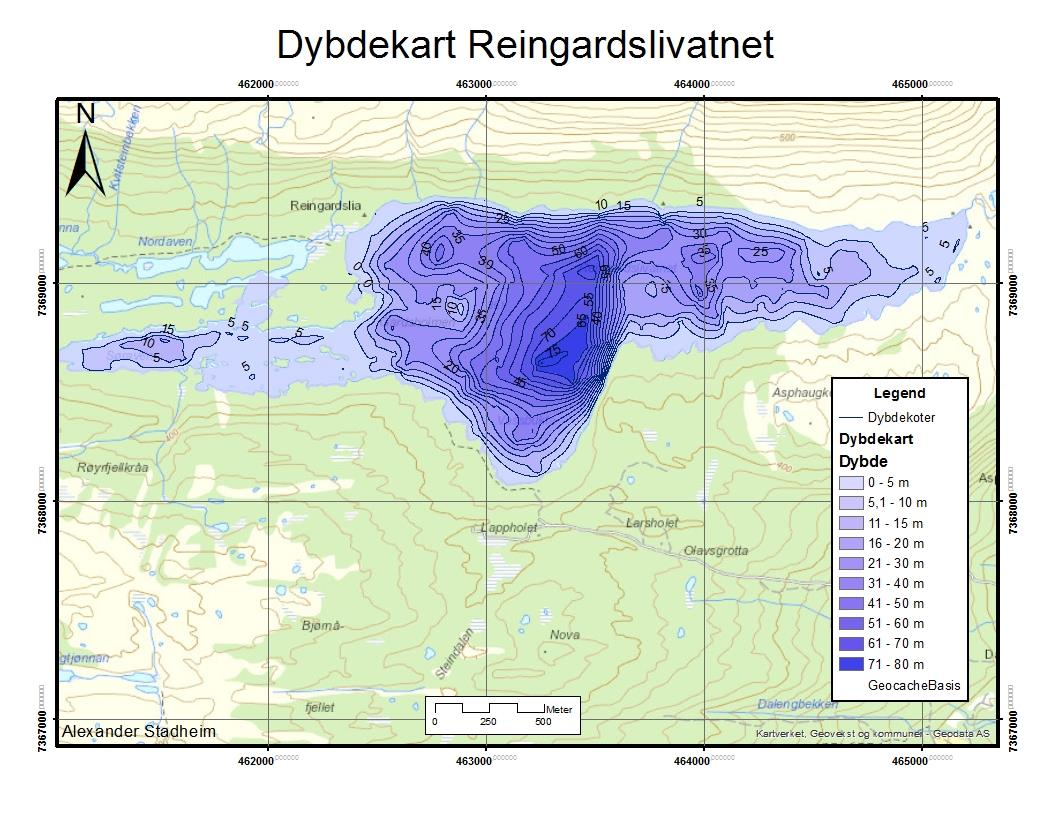 Kapittel 6 RESULTATER Figur 43. Dybdekart Reingardslivatnet. Størst dybde er i den sørlige midtre delen av vannet, her er dybden mellom 70 og 80 meter.