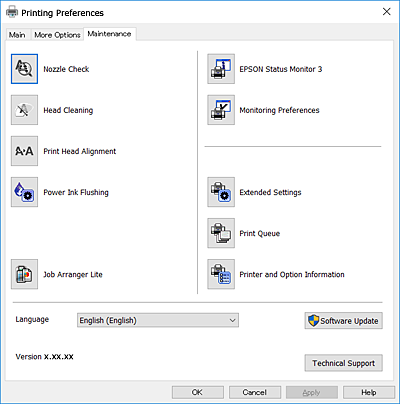 Programvareinformasjon Kategorien Vedlikehold Du kan utføre vedlikeholdsfunksjoner, slik som dysekontroll og rengjøring av skriverhodet, og hvis du starter EPSON Status Monitor 3 kan du kontrollere