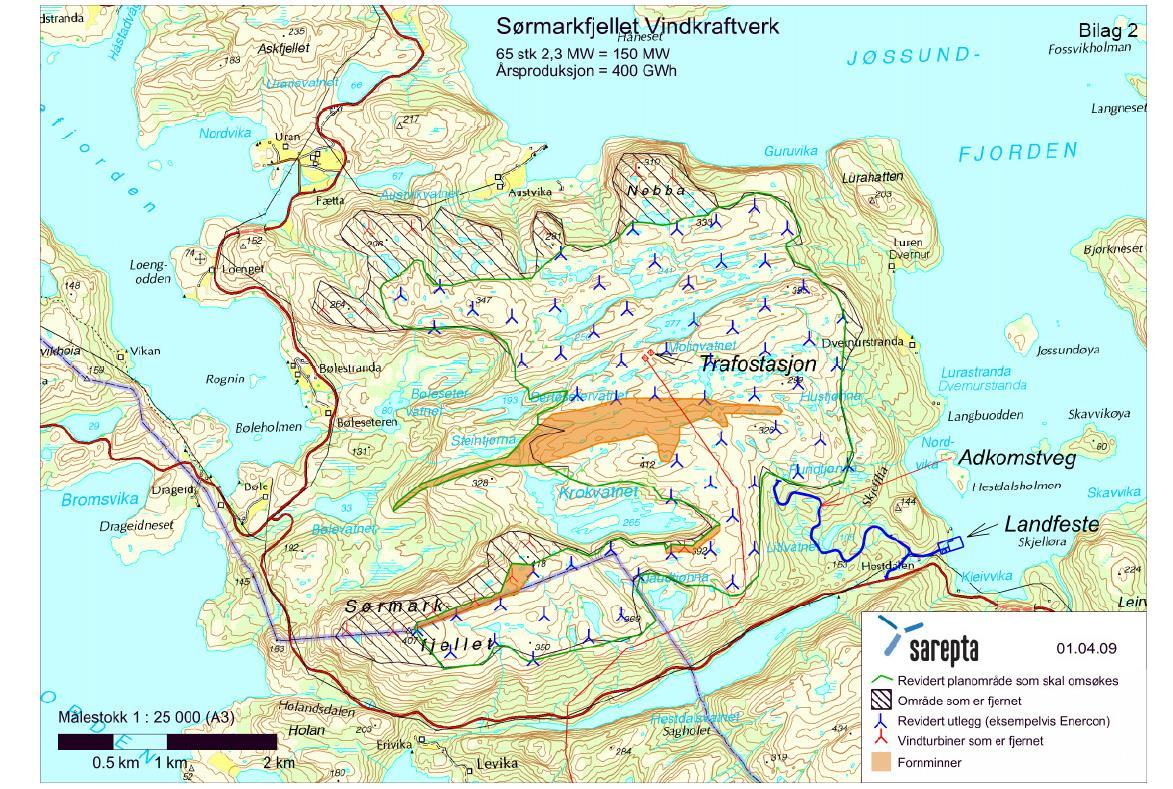 Figur 1 Kart fra 2009 over omsøkt planområde og områder som ble tatt ut av planene. 3.