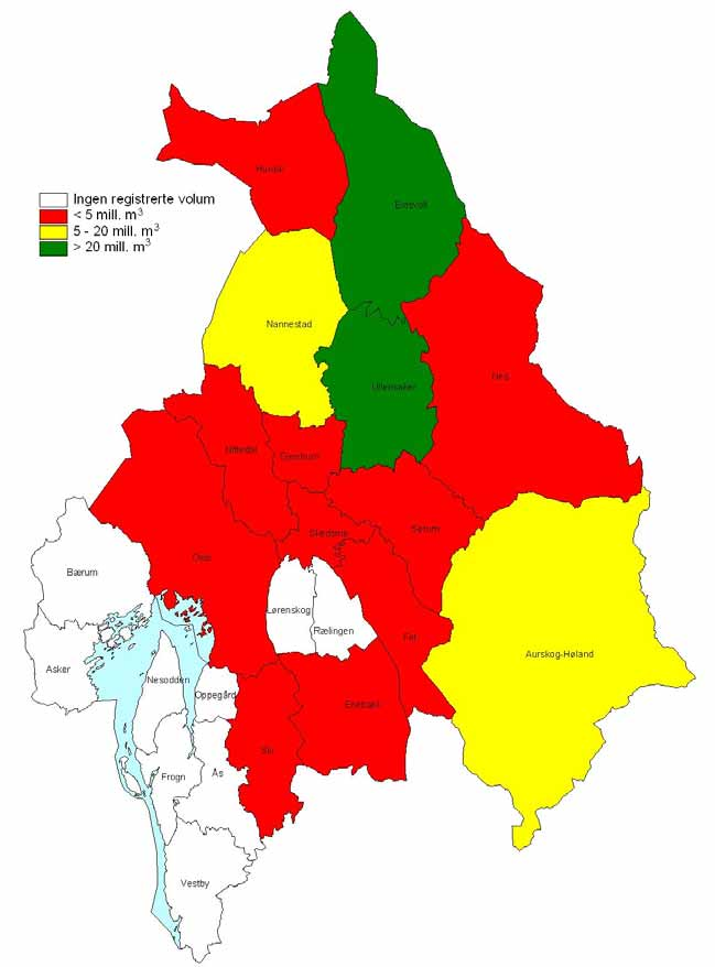 Når volumreduksjonen er foretatt skifter flere kommuner farge til gul eller rød, figur 5.7.2.