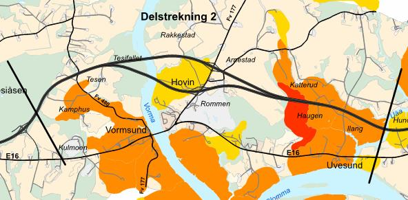 24 SILING AV ALTERNATIVER FOR STREKNINGEN NYBAKK-ULLERN 4.2.2 Delstrekning 2 Tesiåsen-Uåa Beskrivelse av dagens situasjon Skredfarekart fra NGI er vist under.