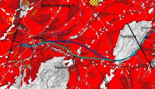 SILING AV ALTERNATIVER FOR STREKNINGEN NYBAKK-ULLERN 55 6.6.2 Delstrekning 1. Nybakk-Tesiåsen Verdivurdering Verdisetting av ulike områder innenfor delstrekningen er vist i kart under.