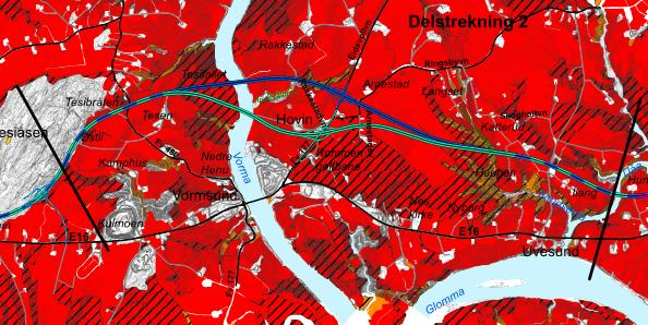 56 SILING AV ALTERNATIVER FOR STREKNINGEN NYBAKK-ULLERN Vurdering av konsekvenser for alternativene Tabellen viser arealbeslag for dyrka og dyrkbar mark for de ulike alternativene.