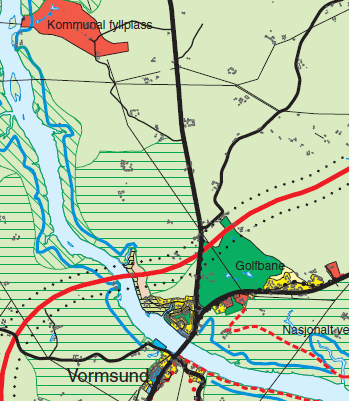 60 SILING AV ALTERNATIVER FOR STREKNINGEN NYBAKK-ULLERN Figur 17 Utsnitt fra gjeldende kommuneplan i Nes kommune ved Vormsund. (Rød linje i kartet viser planlagt trase for E16 fra kommunedelplanen) 7.