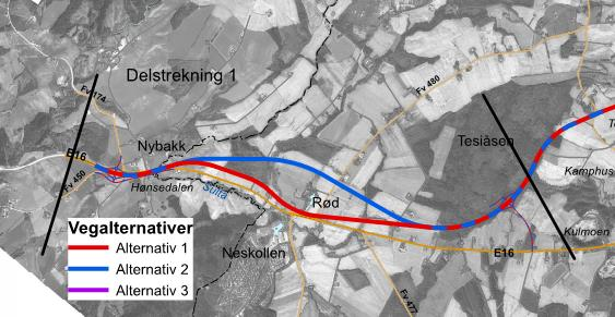 SILING AV ALTERNATIVER FOR STREKNINGEN NYBAKK-ULLERN 69 Delstrekning 1: Nybakk Tesiåsen Figur 19 Oversikt over alternativer på delstrekning 1 På strekningen Nybakk Tesiåsen er alternativ 2 som går