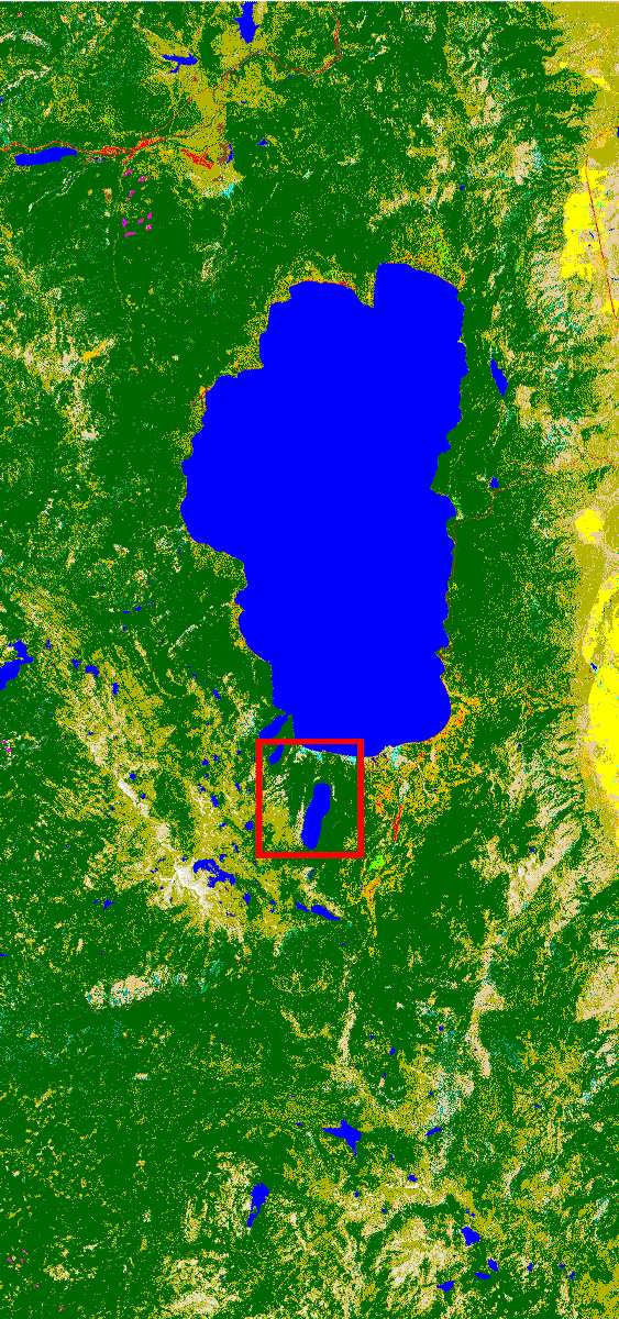 24 KAPITTEL 4. OPPBYGNING AV SKOGMODELL Figur 4.2: Her ser vi hele Lake Tahoe regionen. Datasettet vi arbeider med er markert med rødt.