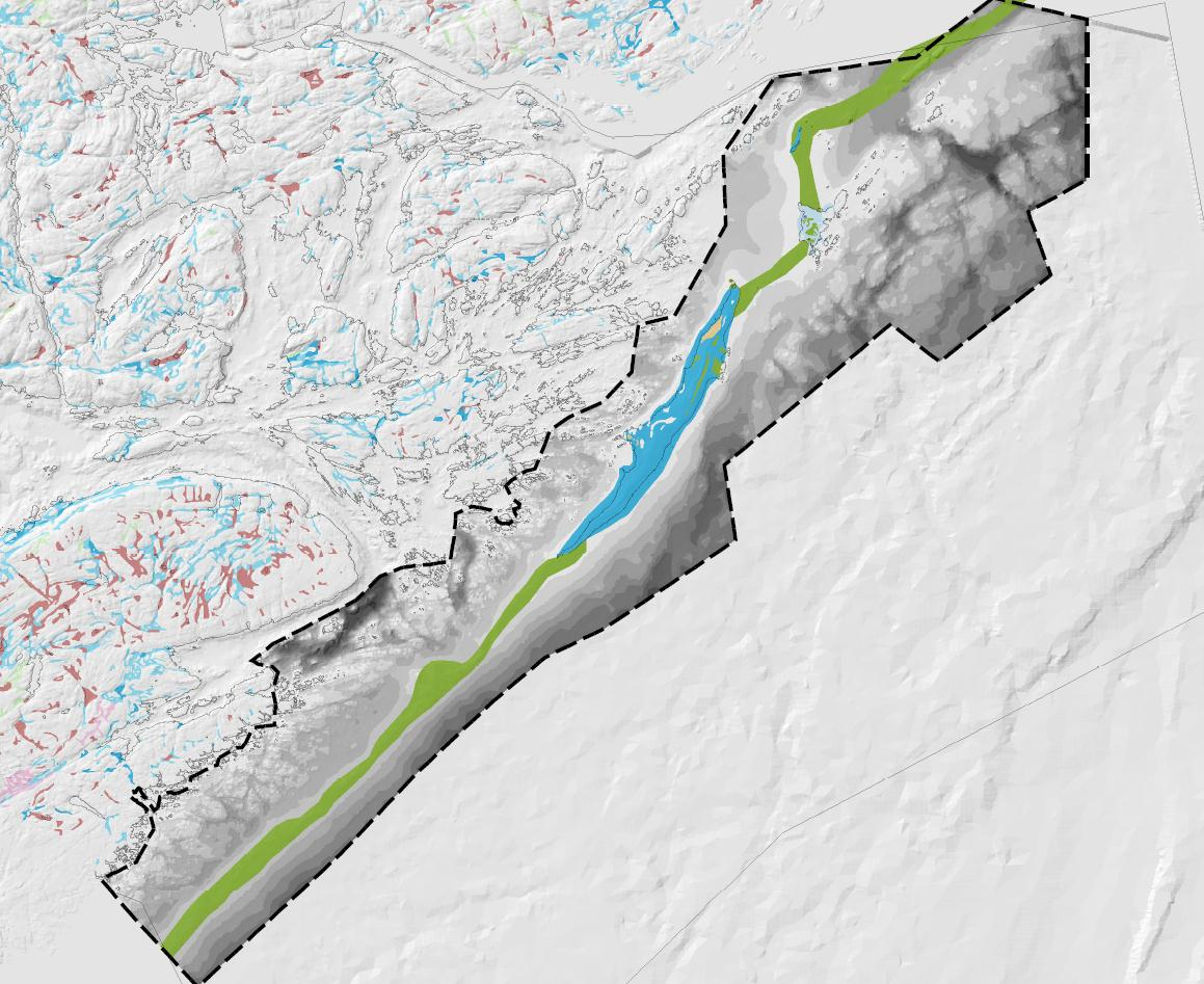 Landskapsanalyse Jomfruland nasjonalpark 11 Figur 6: Temakart terrengform (blå strek angir kystlinje) Terrengformen innenfor utredningsområdet er tilnærmet flat eller svakt konveks.