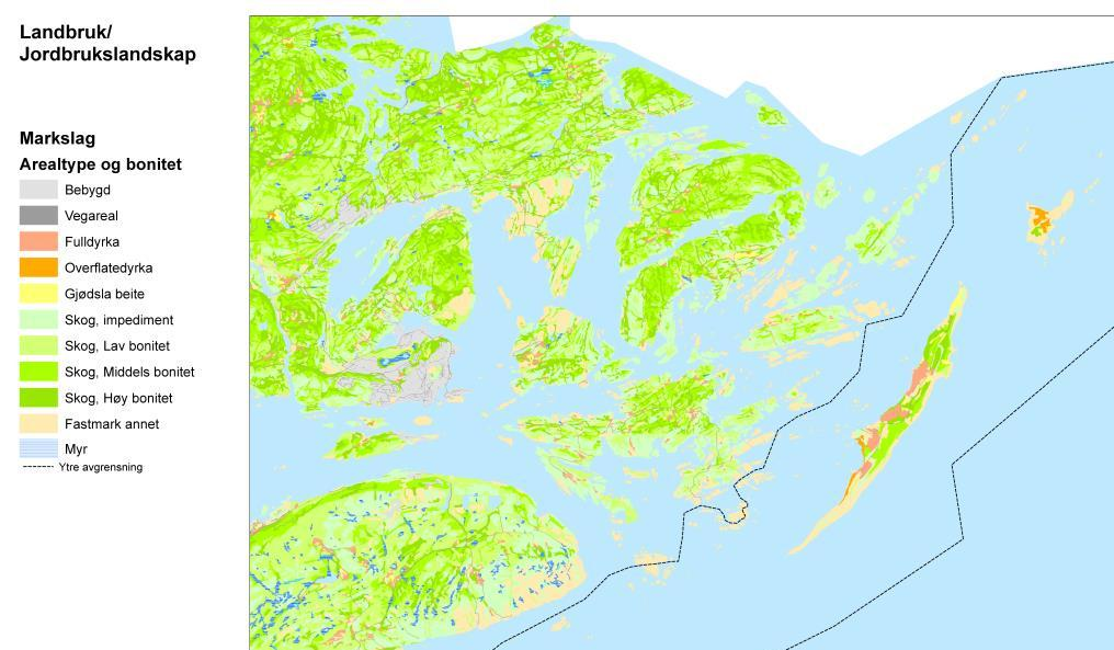Landskapsanalyse Jomfruland nasjonalpark 12 Figur 8: Markslagskart med arealtyper og bonitet utsnitt (Kilde: Skog og landskap) Jomfruland og Stråholmen har relativt store dyrkede arealer.