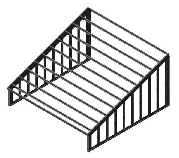 B. Šikmá strecha - zateplenie v rovine strešného plášťa - väznicový systém Konštrukcia Nosné steny stavby sú umiestnené kolmo na hrebeň strechy.