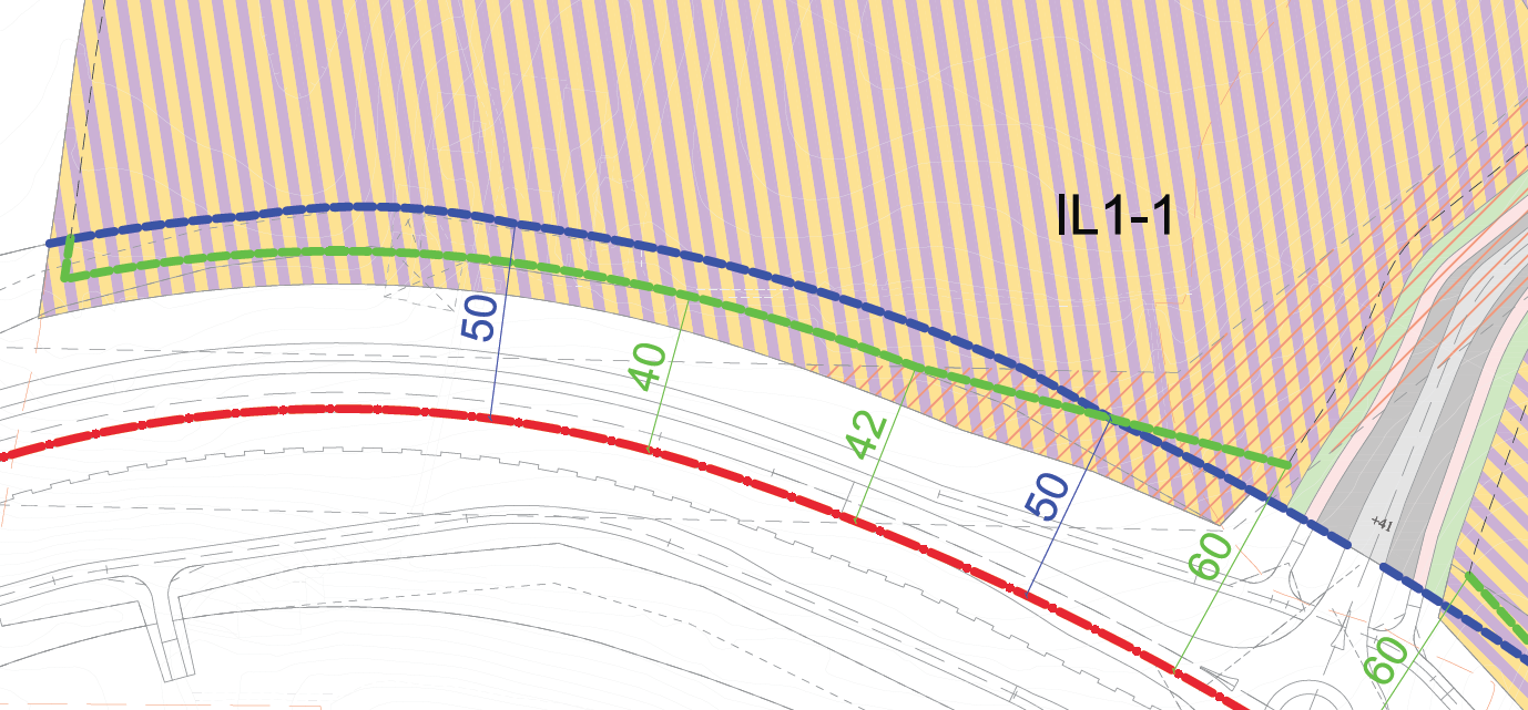 Planbeskrivelse Side 15 Eksisterende terreng IL2 Figur 4-3 Snitt gjennom åsen i IL2. Byggegrense er foreslått til 40 meter fra senter vei ny fv.