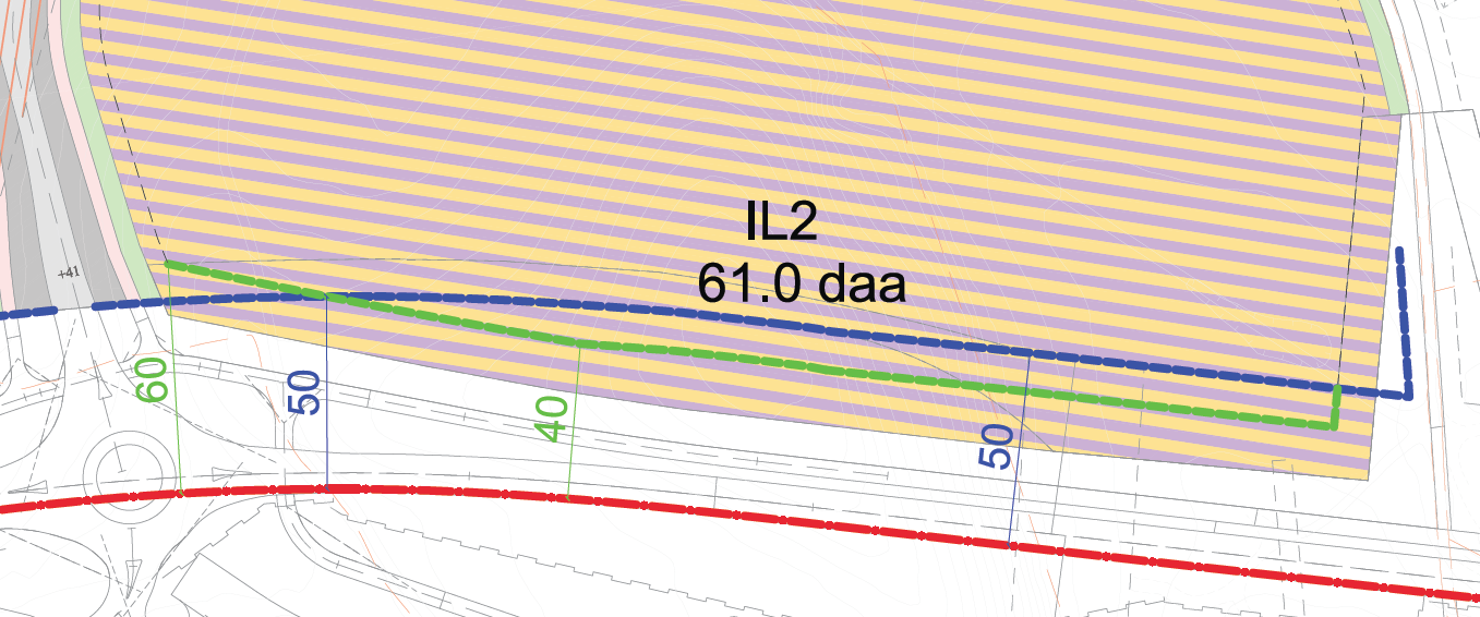 Planbeskrivelse Side 16 Ny fv. 505 Figur 4-5 Illustrasjon endret byggegrense IL2. Grønn linje representerer endret byggegrense.