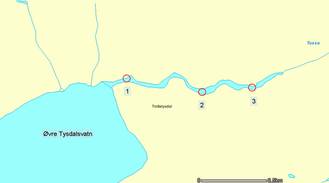 Undersøkte stasjoner i Årdalselva og Tusso er vist i figurene 2.1 og 2.2. Merk ulik målestokk på figurene.