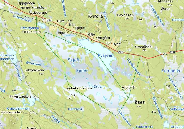 Skjeftkjølen med Rysjøen Kartblad 2117 III Plassen, 2017 II Søre Osen Kommune Trysil Areal Skjeftkjølen naturreservat 5.319 daa Rysjøen dyrelivsfredningsområde 3.607 daa Høyde 530-560 m o.h.