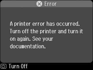 Printerfejl Tulostinvirhe Skriverfeil Skrivarfel Hvis fejlmeddelelsen til venstre vises, skal du slukke printeren og kontrollere, at der ikke er mere papir inde i printeren.
