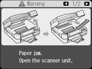 Papirstop Paperitukos Papirstopp Pappersstopp Inde i printeren 1 Tulostimen sisällä 1 Innvendig i skriveren 1 Inuti skrivaren 1 A B Fortsæt til næste skærm.