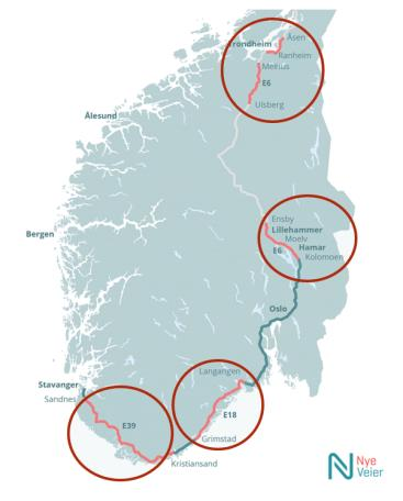 Matriseorganisasjon Nye Veier AS er organisert med fokus på verdiskaping i prosjektene, med ensterk faglig basisorganisasjon som server prosjektene på tvers HMSK Adm dir CFO Utbyggingsområde E18