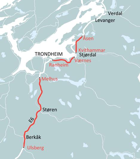 E6 Trøndelag Parsell Lengde ÅDT (2014) Antall tunneler Antall bruer Planstatus Massebalanse Antall toplanskryss Ulsberg - Melhus Pågår 70 km 6-11000 8 tunneler 20 bruer Balanse men stor variasjon 10