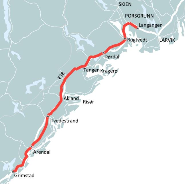 E18 Grimstad- Langangen Parsell Langangen - Rugtvedt Lengde ÅDT (2014) Antall tunneler Pågår 18 km 7 Tot ca. 9,3 km Antall bruer 6 Planstatus Massebalanse 1,5 mill.