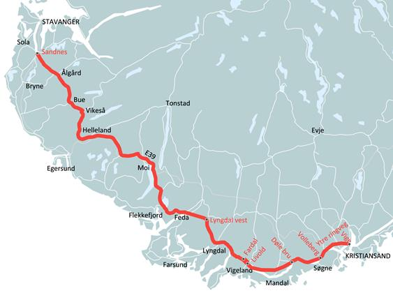 E39 Kristiansand- Sandnes Parsell E18/E39 Vige- Søgne øst (Ytre ringveg) * Krs V. Søgne Ø. Lengde Vedtatt Ca 15 km ÅDT (2014) Antall tunneler Antall bruer 7 8 Planstatus Massebalanse 3 mill.