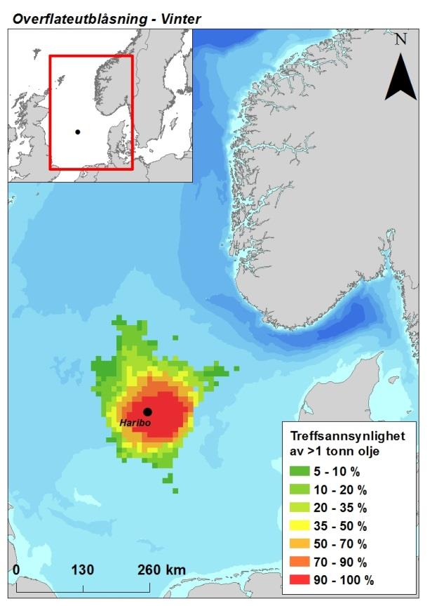 Figur 3-2. Sannsynligheten for treff av >1 tonn olje i 10 10 km sjøruter gitt en overflateutblåsning fra Haribo i hver sesong.