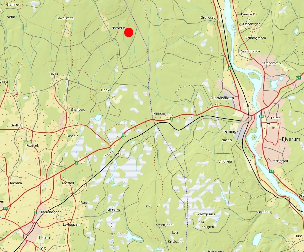 PLANOMRÅDETS BELIGGENHET Narsætra massetak ligger i Løten kommune, i Løiten Almenning, Gnr.273/220, i et skogsområde nær kommunegrensa mot Elverum, ca 5 km nord for Rv25/Rv3.