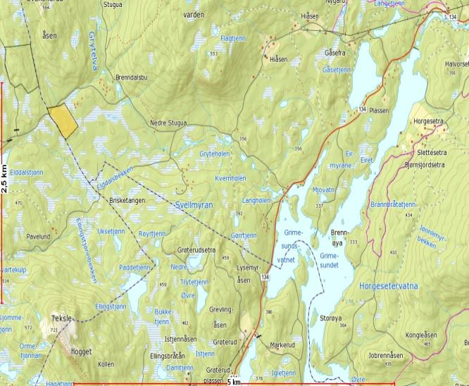 OMRÅDE: Grytelva H41- Nyseter Gbnr 80/2 Innspill: 52 Dagens formål: LNF Foreslått formål: Hyttetomter Arealstørrelse: 100 daa Moh.