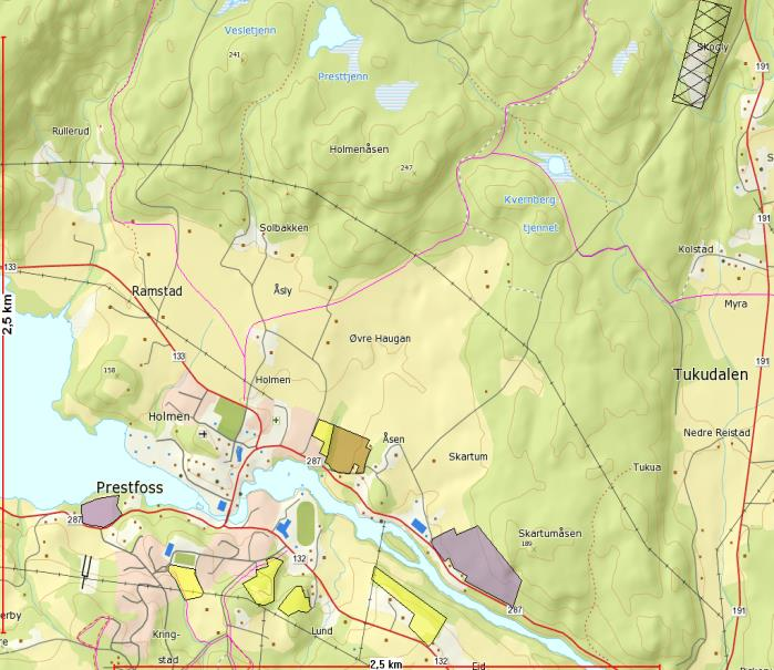 OMRÅDE: Prestfoss S2-Prestfoss sentrum Gbnr 35/3 Innspill: 60 Dagens formål: LNF Foreslått formål: Bolig/næring Arealstørrelse: 28 daa Moh.