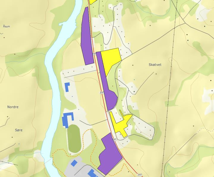 Samfunn Transport/trafikksikkerhet Ras/flom/erosjon Langs Fv 287. Behov for ny avkjørsel fra område N6a til Fv 287 evt. avkjørsel sammen med eksisterende bolighus.