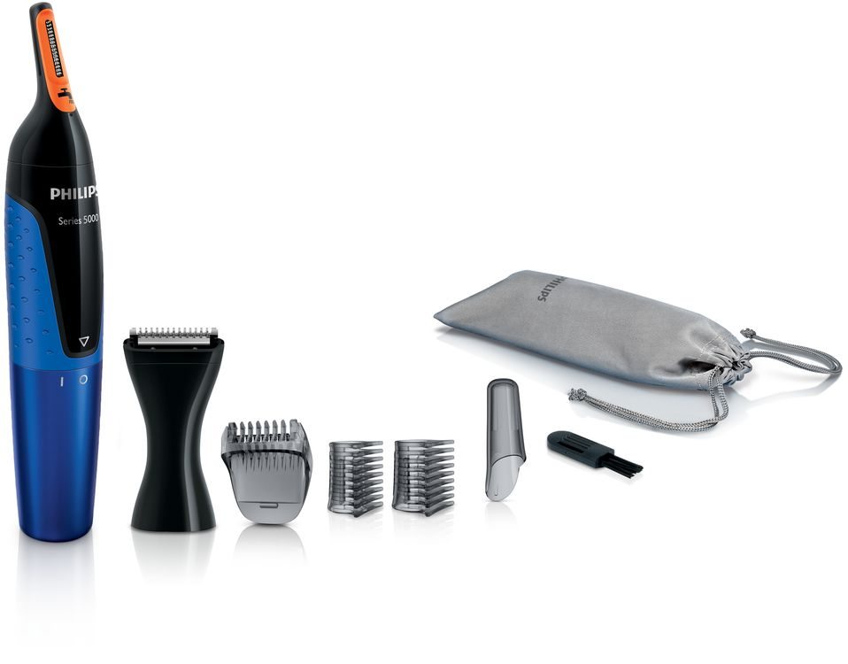 Hefte før salg for Norge () Philips Nosetrimmer series 5000 Skånsom trimmer for nese, nakke og kinnskjegg med ProtecTubeteknologi og DualCut-teknologi Garantert uten lugging og kuttsår Lamellsystem,