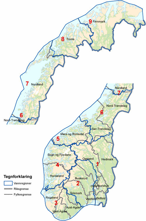 Vannregioninndelingen i Norge Vannregionmyndigheten skal i samarbeid med vannregionutvalget utarbeide en forvaltningsplan med miljømål for vannforekomstene i vannregionen samt utarbeidet
