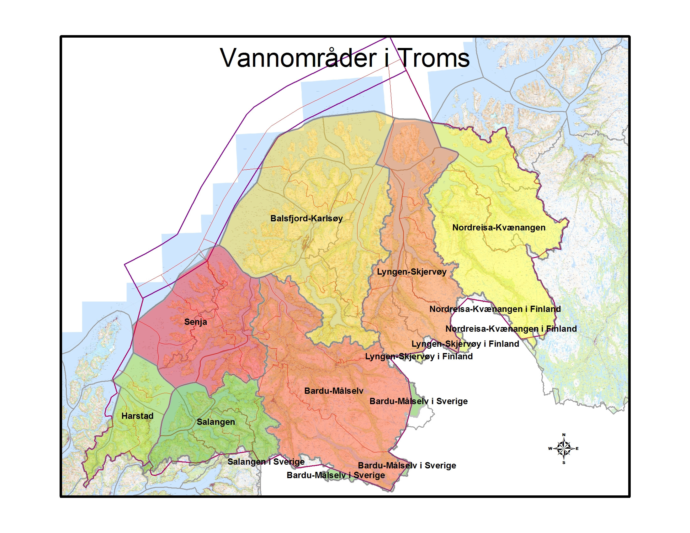 Vannområdeinndeling i vannregion 8, Troms. Vannområdet som har blå skravur ligger under vannregion 7 Nordland.