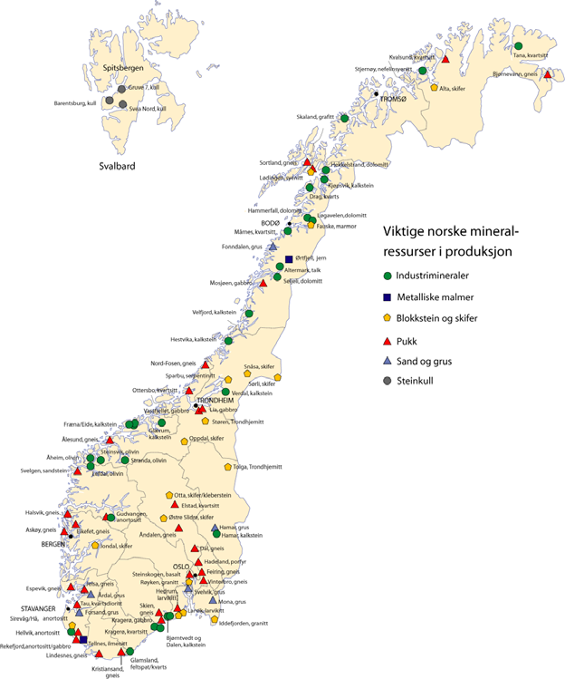 Friarfjord, skifer Skallelv, kvartsitt Kvalsund, kvartsitt Nussir, kobber Loppa, skifer Børselv, dolomitt Bjørnevann, jern, gneis Alta, skifer Kvaløya, gneis Svanvik, kvarts Lakselv, TROMSØ platina/