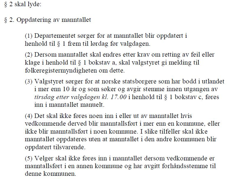 For seint innkomne førehandsstemmer Stortinget vedtok den 13. juni å flytta fristen for godkjenning av førehandsstemmer frå valgdagen kl. 21 til tysdag etter valgdagen kl. 17.00.