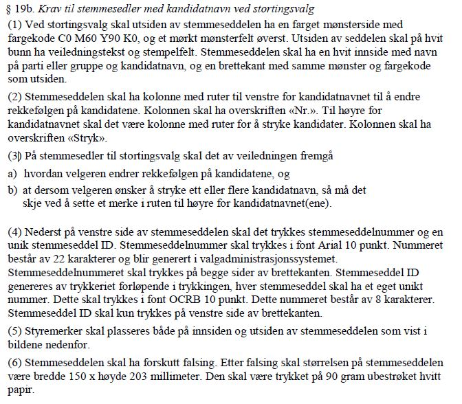 Stemmesetlar Valgforskrifta 19 omhandlar krav til utforming av stemmesetel.