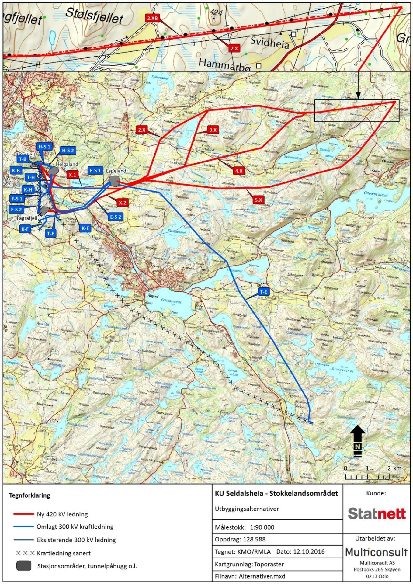 2 Utbyggingsplaner Figur 2-1. Alternative traséer for ny 420 kv kraftledning (i rødt) mellom Seldalsheia i øst og Stokkeland i vest.