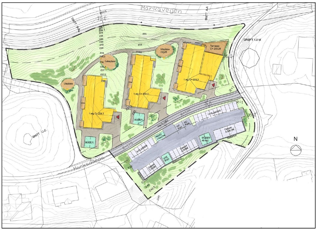 Illustrasjonsplan som viser foreløpig planlagt prosjekt Gran kommune ønsker å bygge 3 lavblokker med 24 boenheter og noe areal med funksjoner for ansatte.